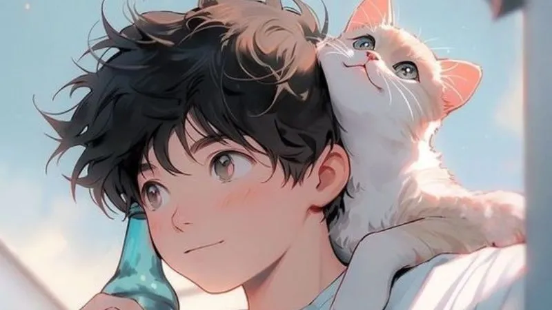Anime nam dễ thương khi chơi cùng mèo
