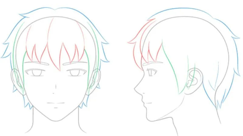 Minh họa các phần tóc khác nhau trên khuôn mặt anime nam