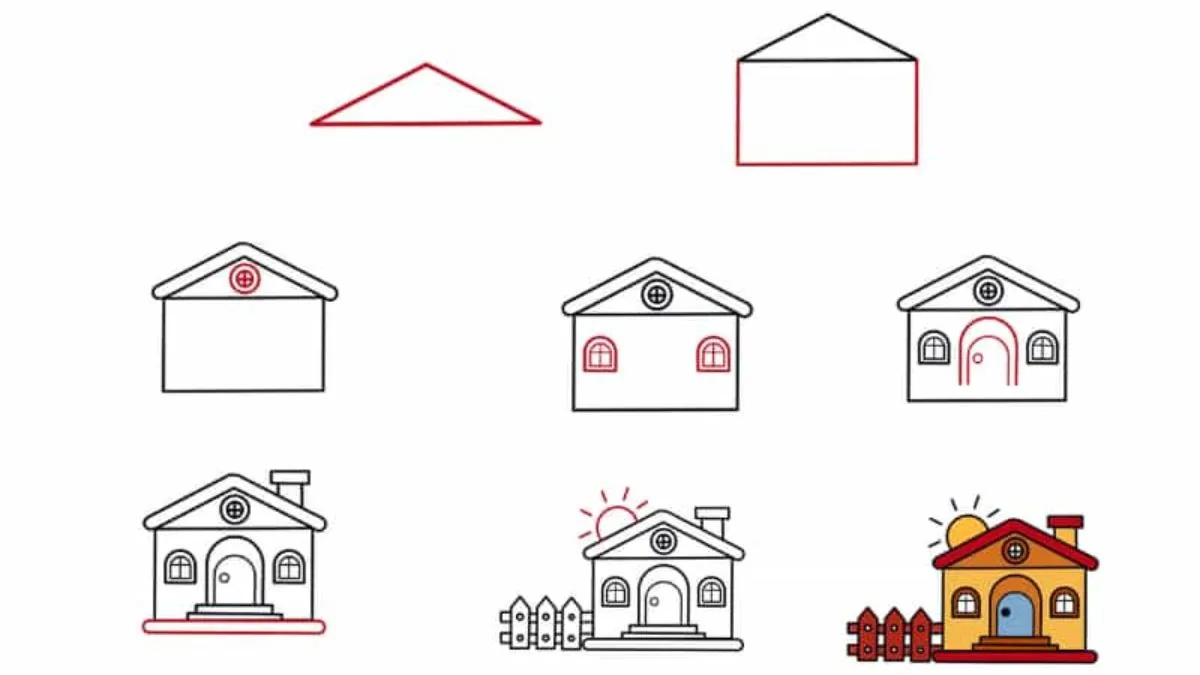 Tranh vẽ ngôi nhà đơn giản với màu sắc tươi tắn