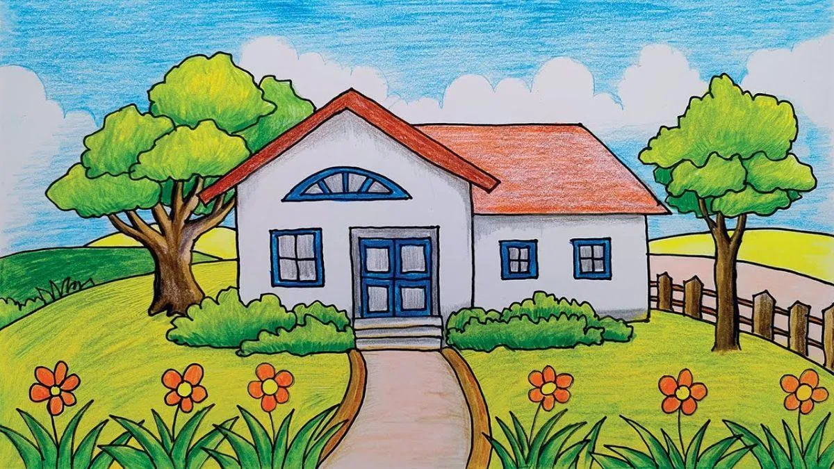 Mẫu tranh vẽ ngôi nhà tô màu cho bé luyện tập