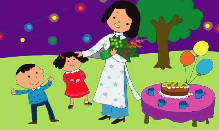 Tranh vẽ 8/3 học sinh tặng hoa cô giáo ngày Quốc tế Phụ nữ