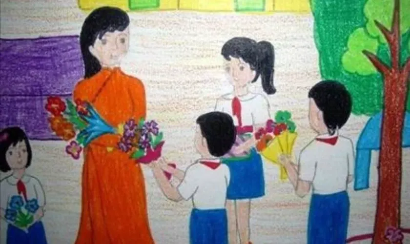 Mẫu tranh chủ đề hoạt động truyền thống ngày 8/3, có cô giáo