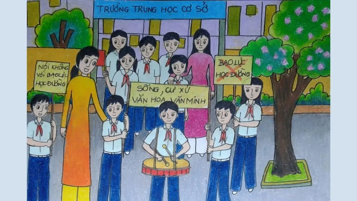 Tranh vẽ bạo lực học đường đơn giản