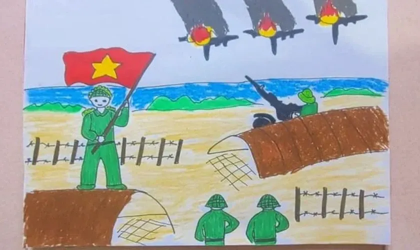 Tranh vẽ tái hiện trận chiến trên không ác liệt tại Điện Biên Phủ