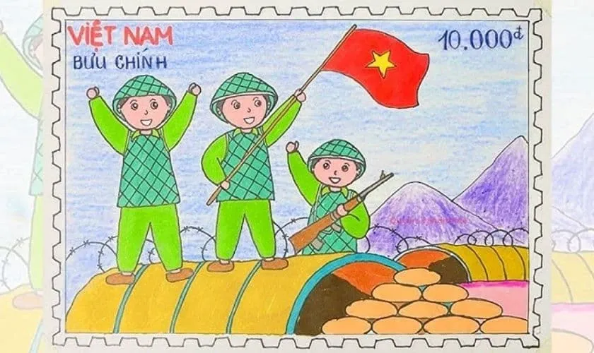 Tem bưu chính kỷ niệm với hình ảnh các chú bộ đội và biểu tượng chiến thắng