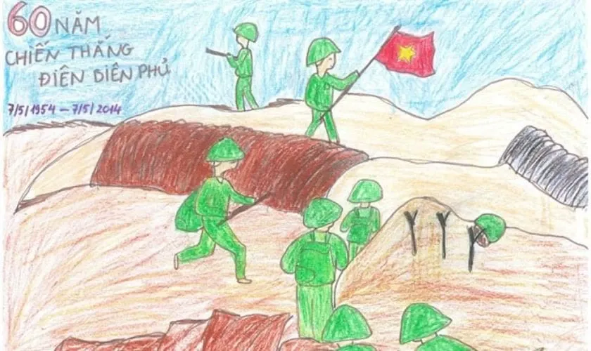 Tranh vẽ đơn giản trên giấy A3 của học sinh lớp 3 về chiến thắng Điện Biên Phủ