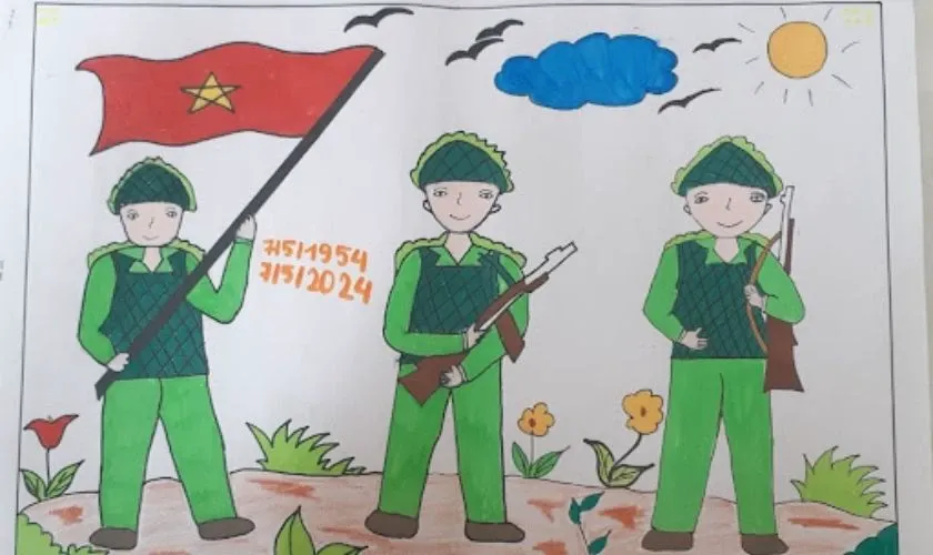 Ảnh ba chú bộ đội trong tranh vẽ