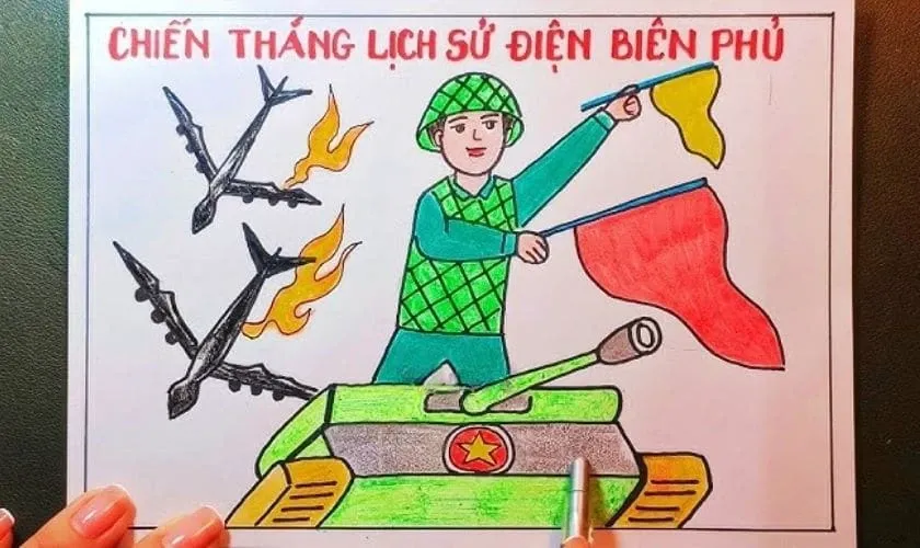 Tranh trên giấy A3 của học sinh lớp 7 thể hiện ý chí kiên cường