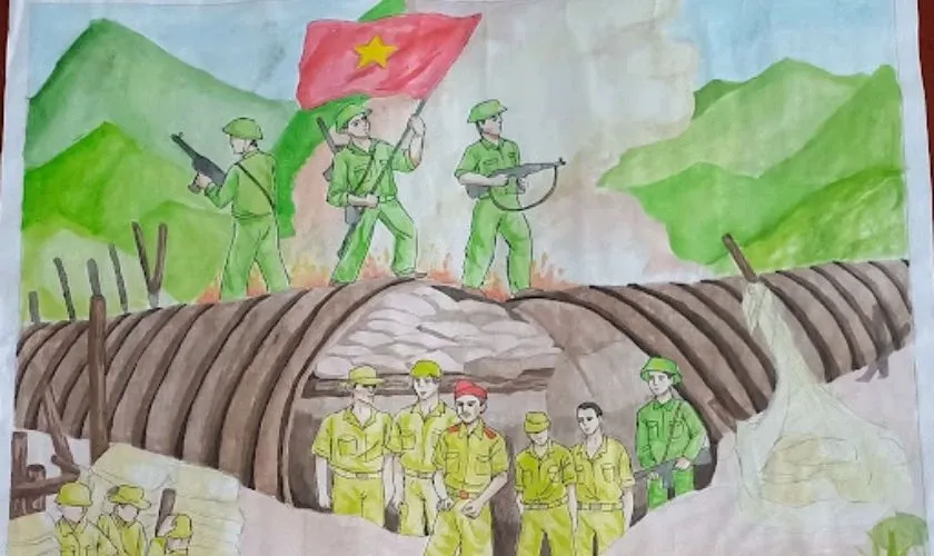 Tranh cổ động tái hiện trận đánh lịch sử Điện Biên Phủ