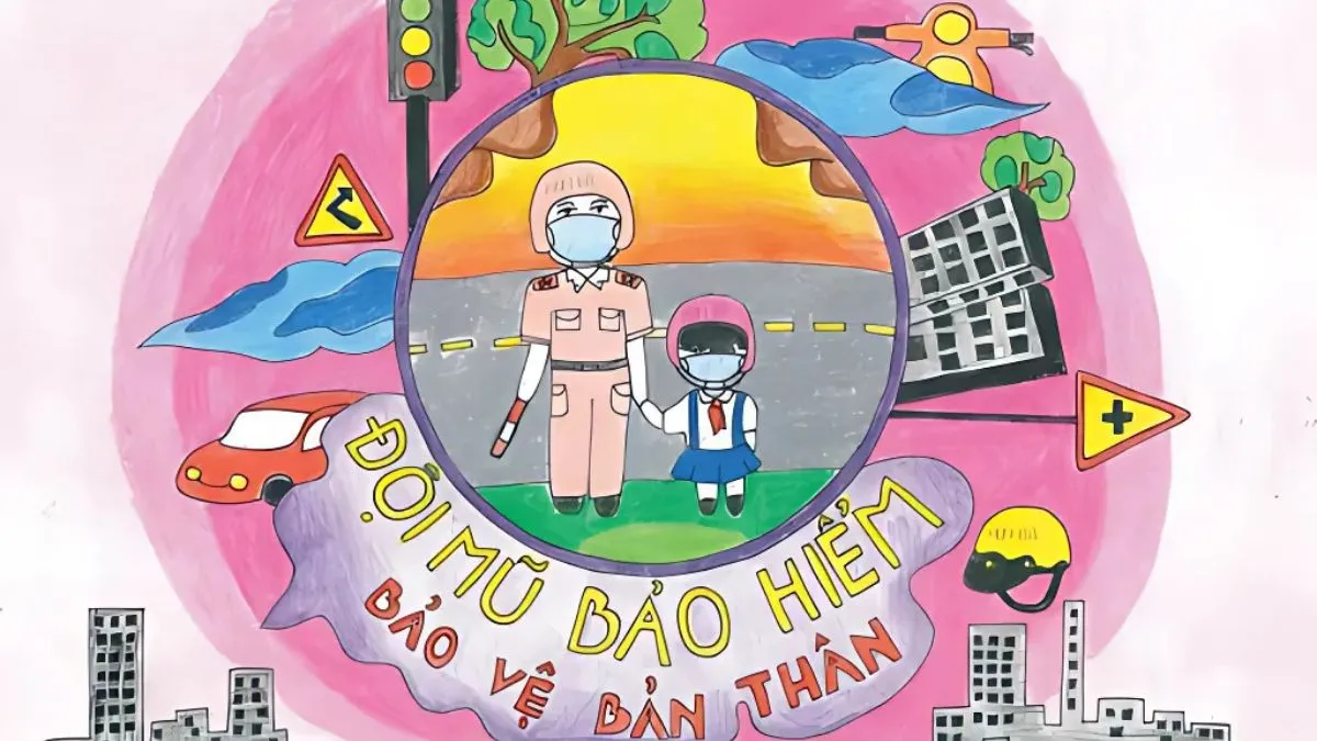 Tranh an toàn giao thông với nét vẽ cơ bản và màu sắc nổi bật