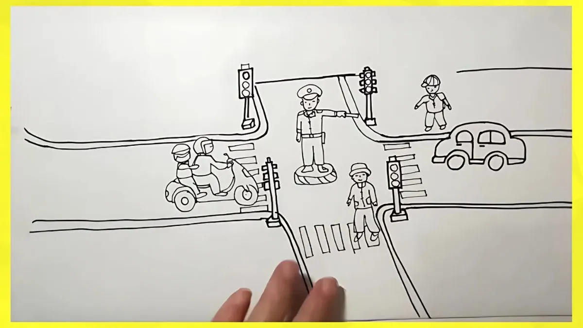Cách vẽ tranh an toàn giao thông bước 3: Bổ sung nhân vật và phương tiện