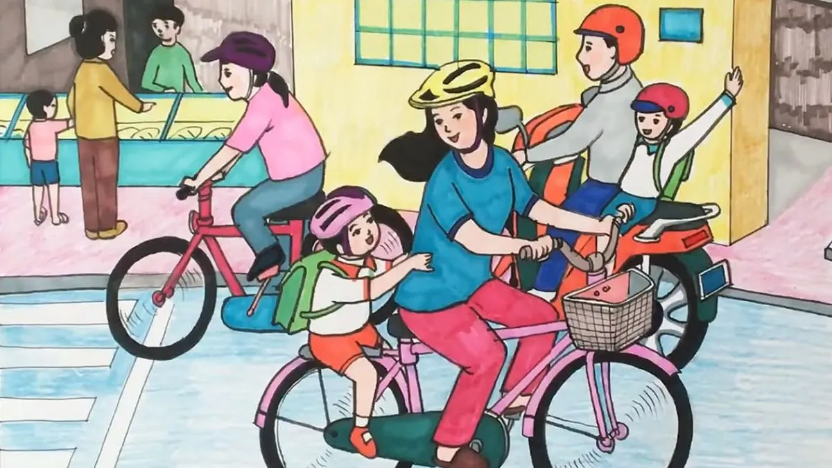 Bố mẹ và bé cùng tuân thủ giao thông trên đường