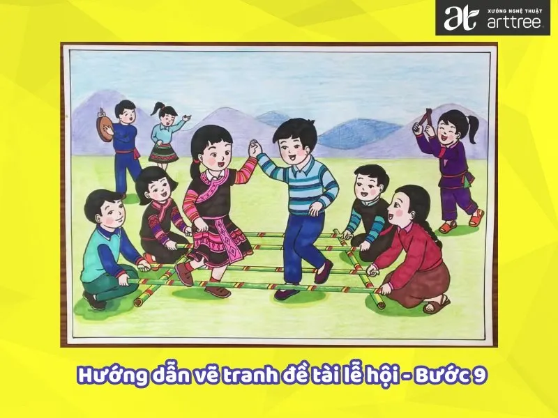 Hướng dẫn tô màu hoàn thiện bức tranh vẽ đề tài lễ hội Cồng Chiêng sống động