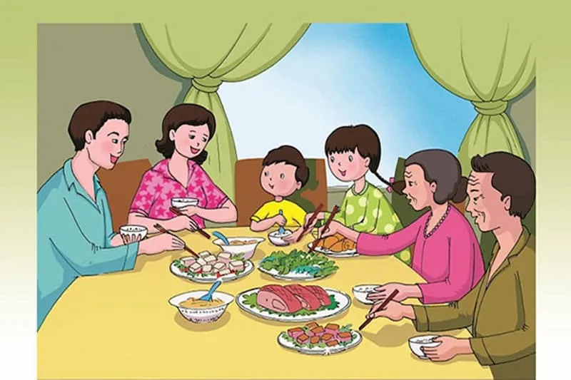 Tranh vẽ gia đình 4 người quây quần bữa cơm ấm áp