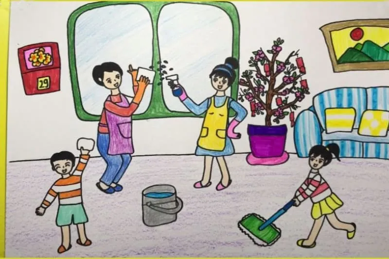 Tranh vẽ gia đình 4 người nắm tay thể hiện sự gắn kết