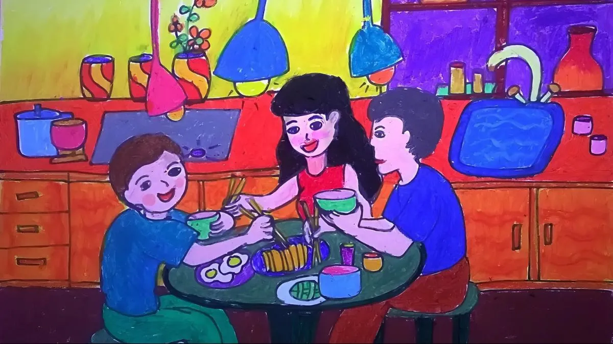 Tranh vẽ gia đình đang trò chuyện vui vẻ