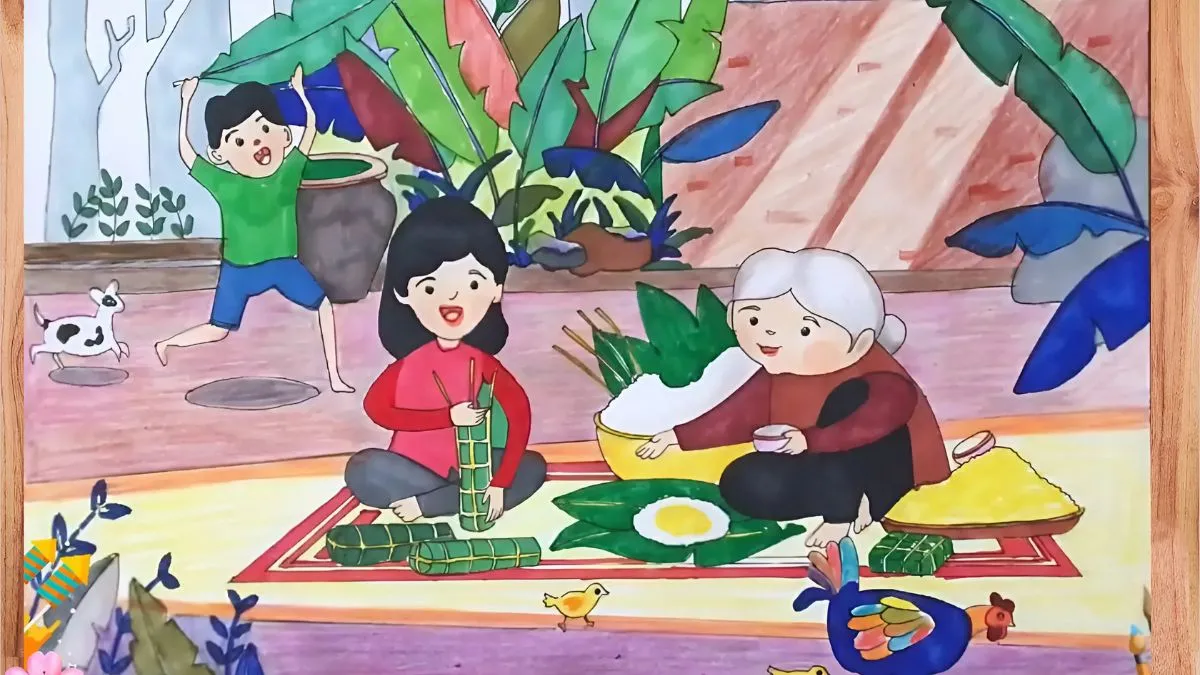 Tranh đẹp về gia đình: Bà và cháu gói bánh