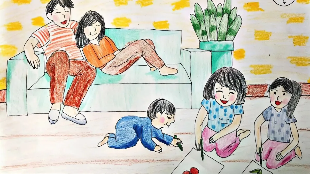 Tranh vẽ về gia đình vui vẻ, cùng làm việc