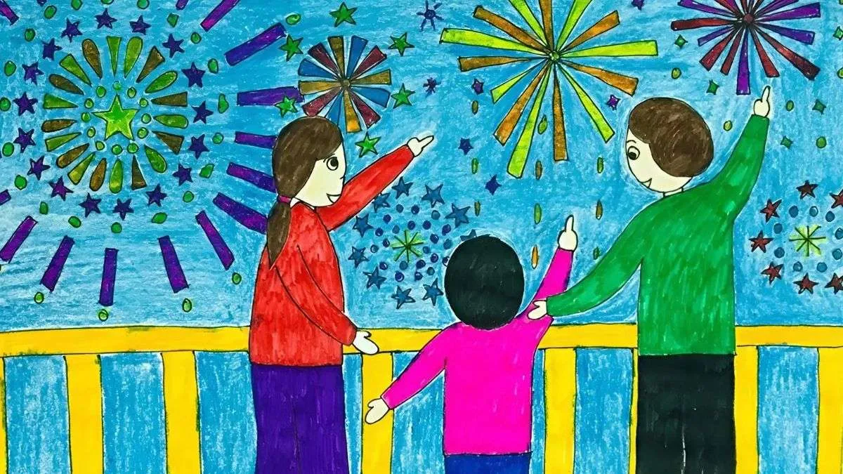 Vẽ tranh gia đình cùng nhau xem bắn pháo hoa