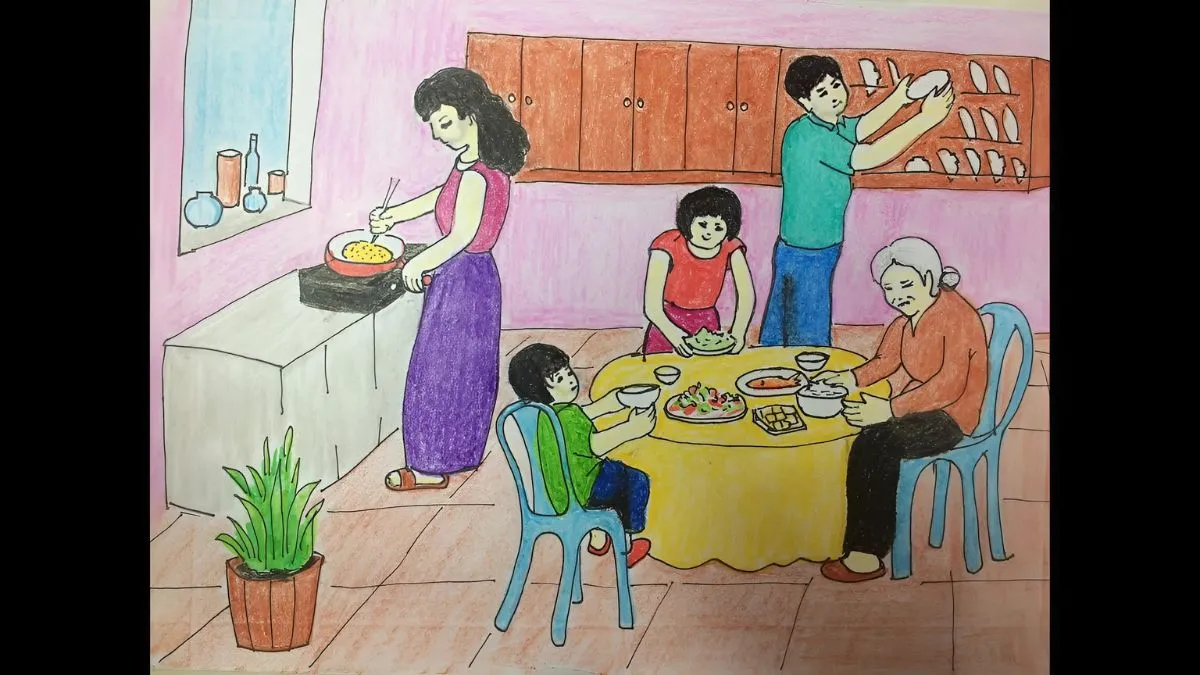 Vẽ tranh gia đình: Mẹ và con phơi quần áo