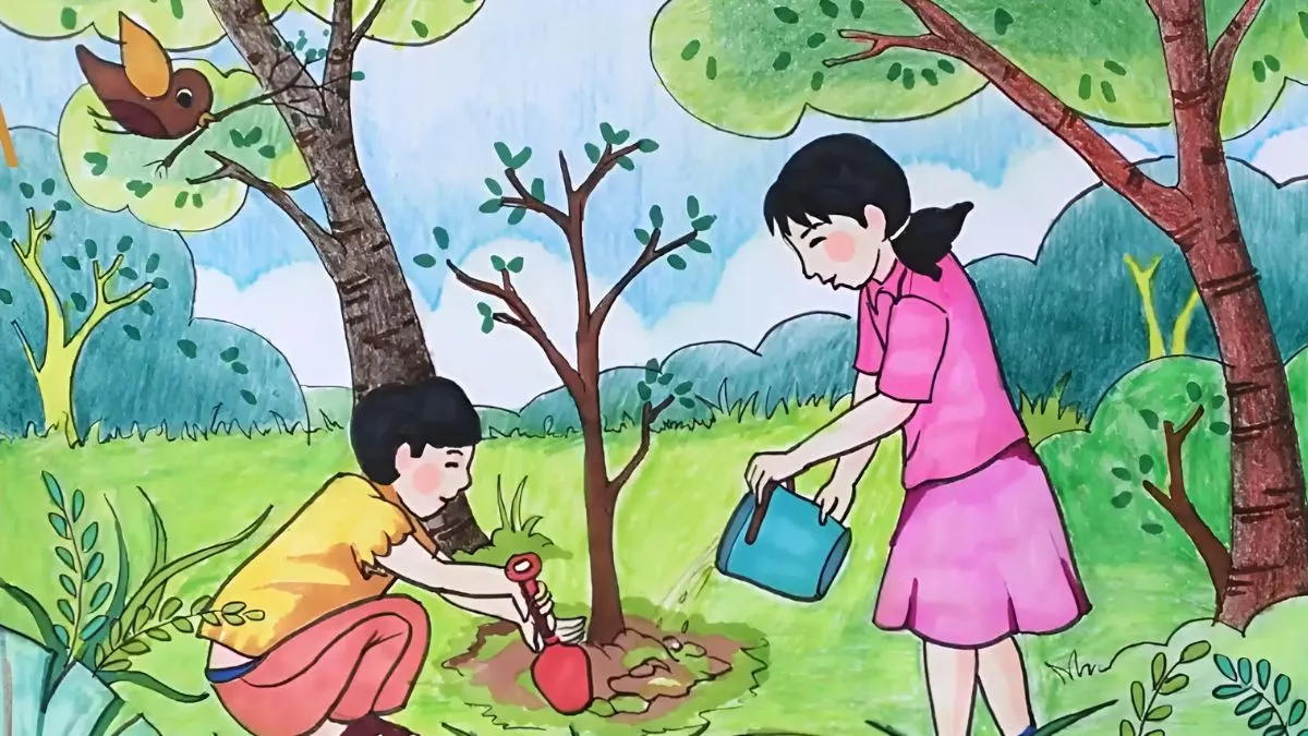 Vẽ tranh gia đình: Mẹ và con cùng nhau tưới cây