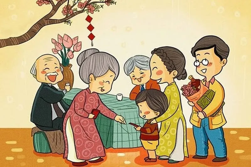 Gia đình quây quần bên bàn thờ ngày Tết trong tranh vẽ