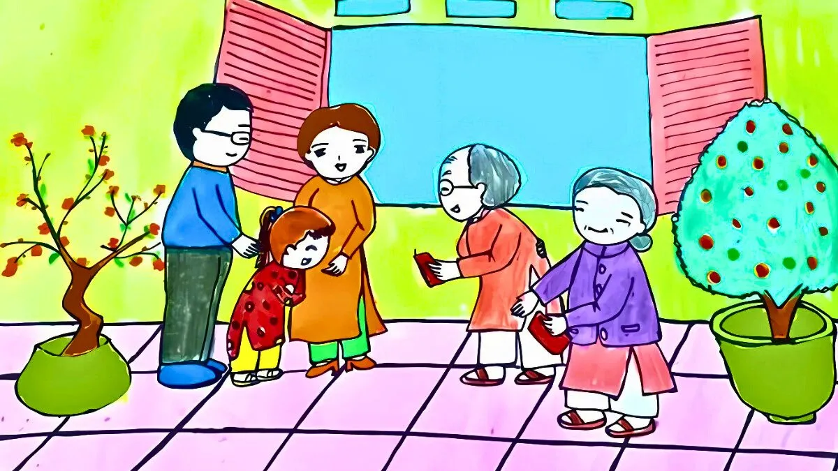 Vẽ tranh gia đình trang trí nhà cửa đón Xuân