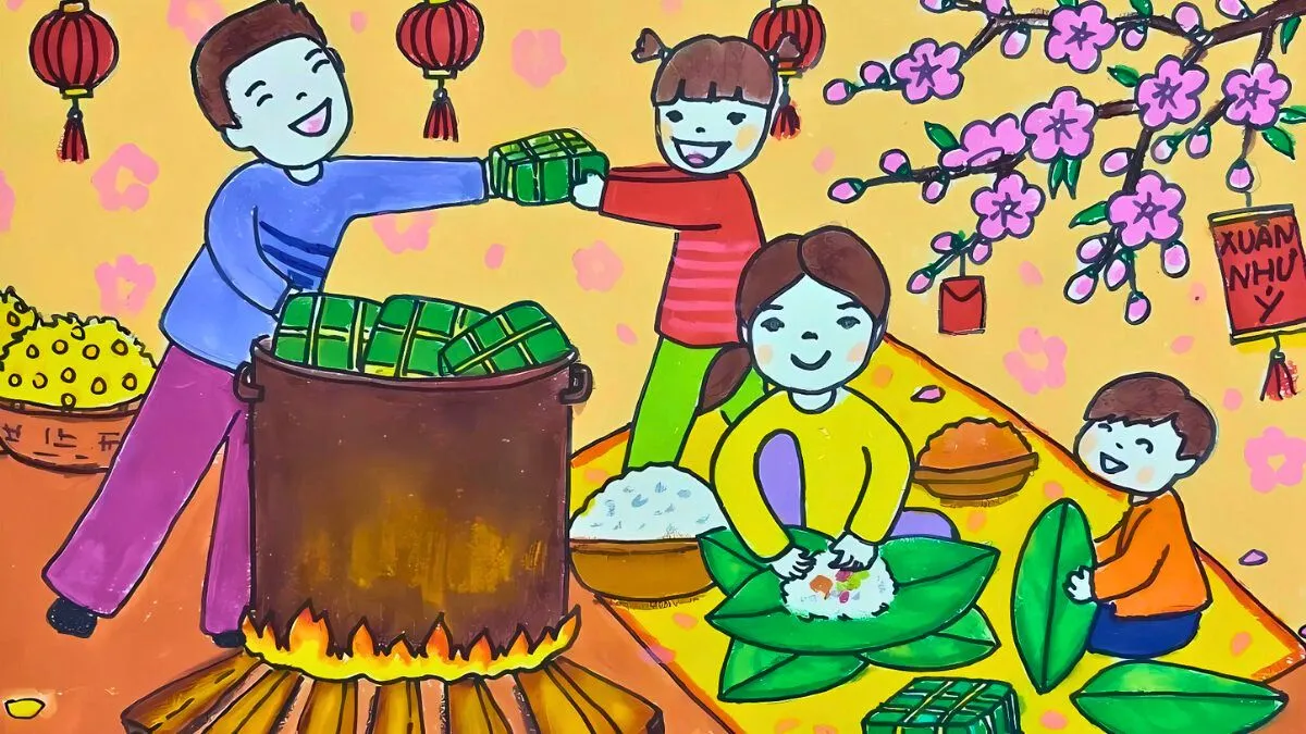 Cả nhà cùng nấu bánh chưng ngày Tết