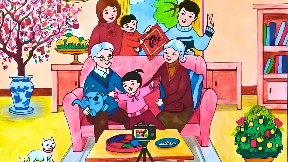 Tranh gia đình ngày Tết với cây mai, câu đối