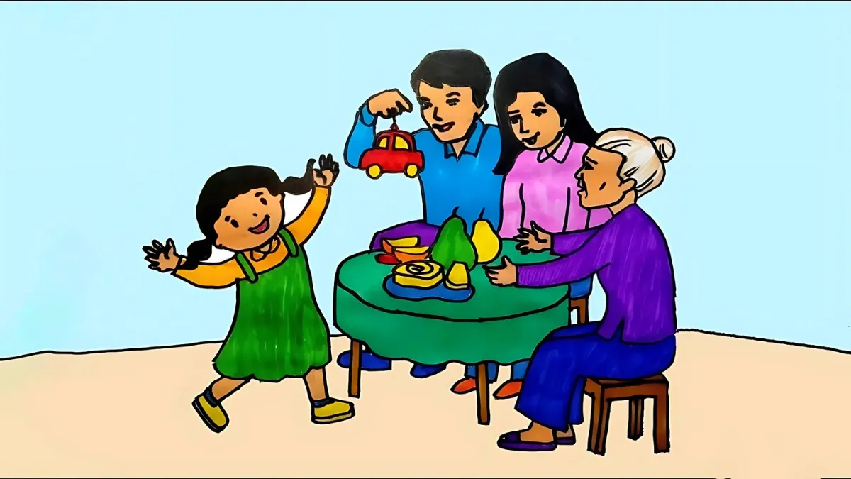 Mẫu vẽ tranh gia đình sum vầy với ông bà và cháu