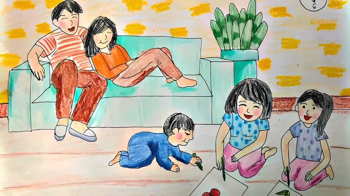 Tranh gia đình sum vầy bên nhau trong phòng khách