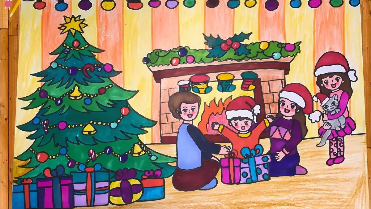 Tải hình vẽ tranh gia đình sum vầy bên cây thông Noel