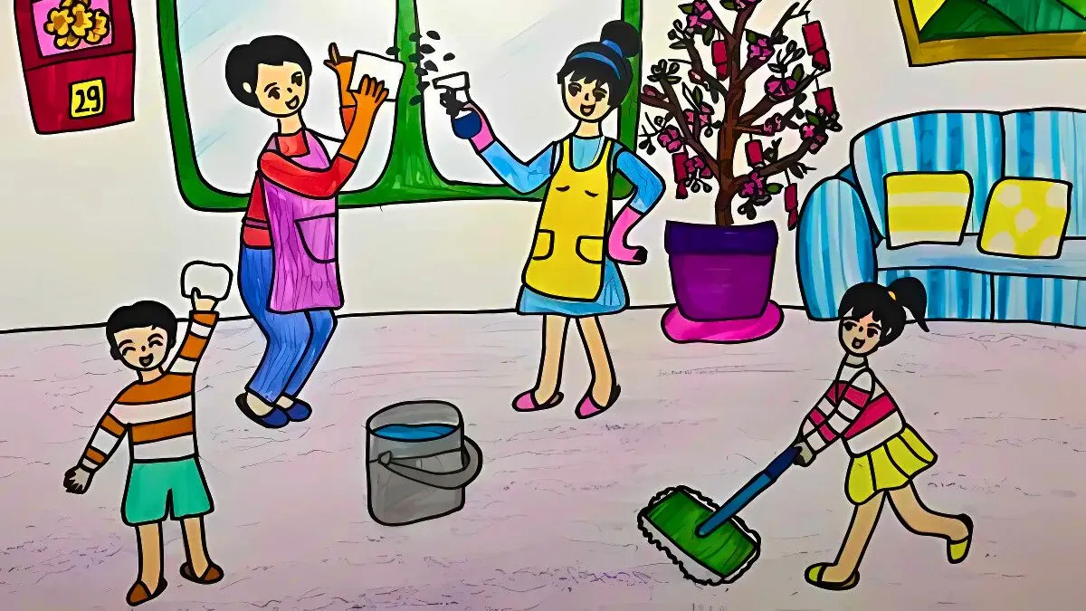 Tranh gia đình đơn giản với cảnh sinh hoạt thường ngày