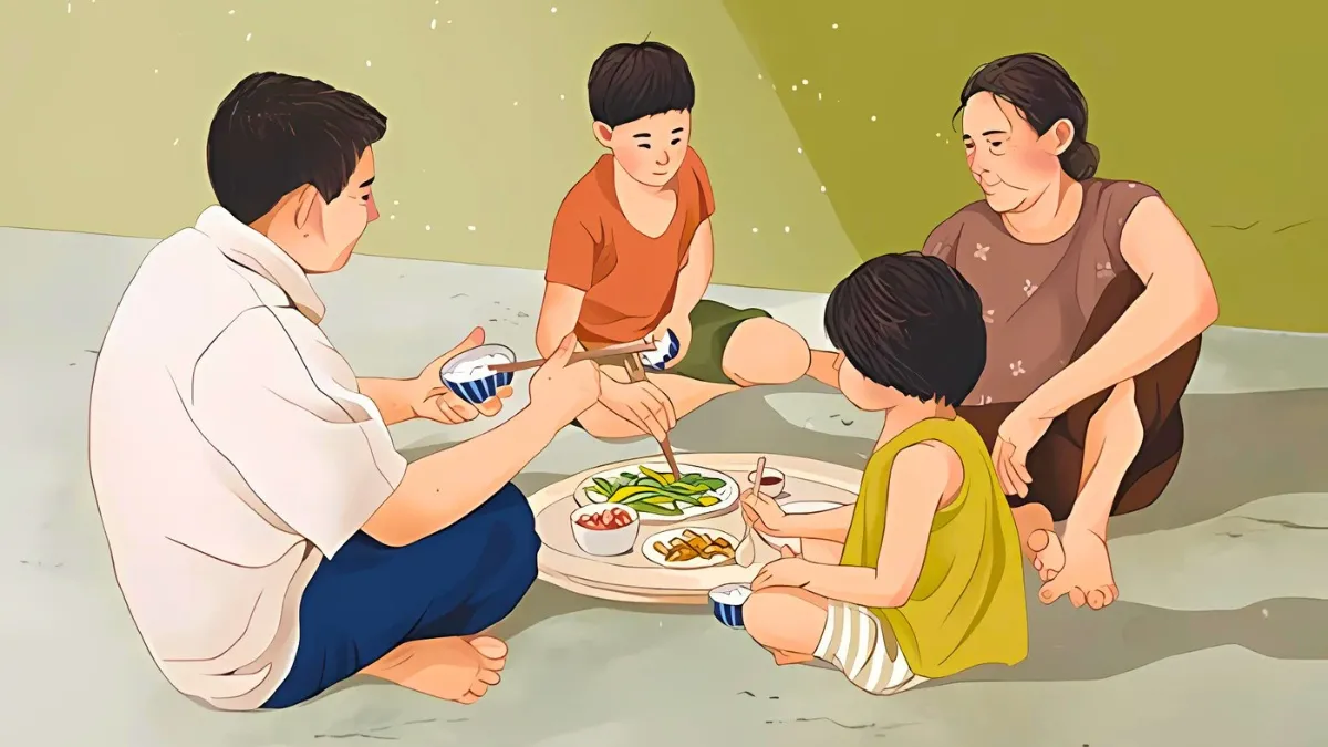 Tranh vẽ cả nhà vui vẻ bên mâm cơm