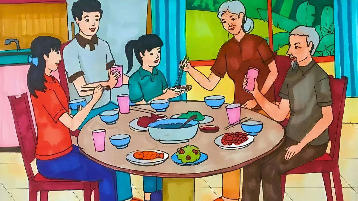 Vẽ tranh gia đình hạnh phúc trong bữa ăn