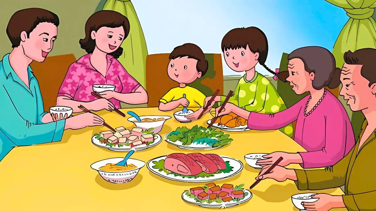 Vẽ tranh gia đình sum vầy hạnh phúc bên mâm cơm