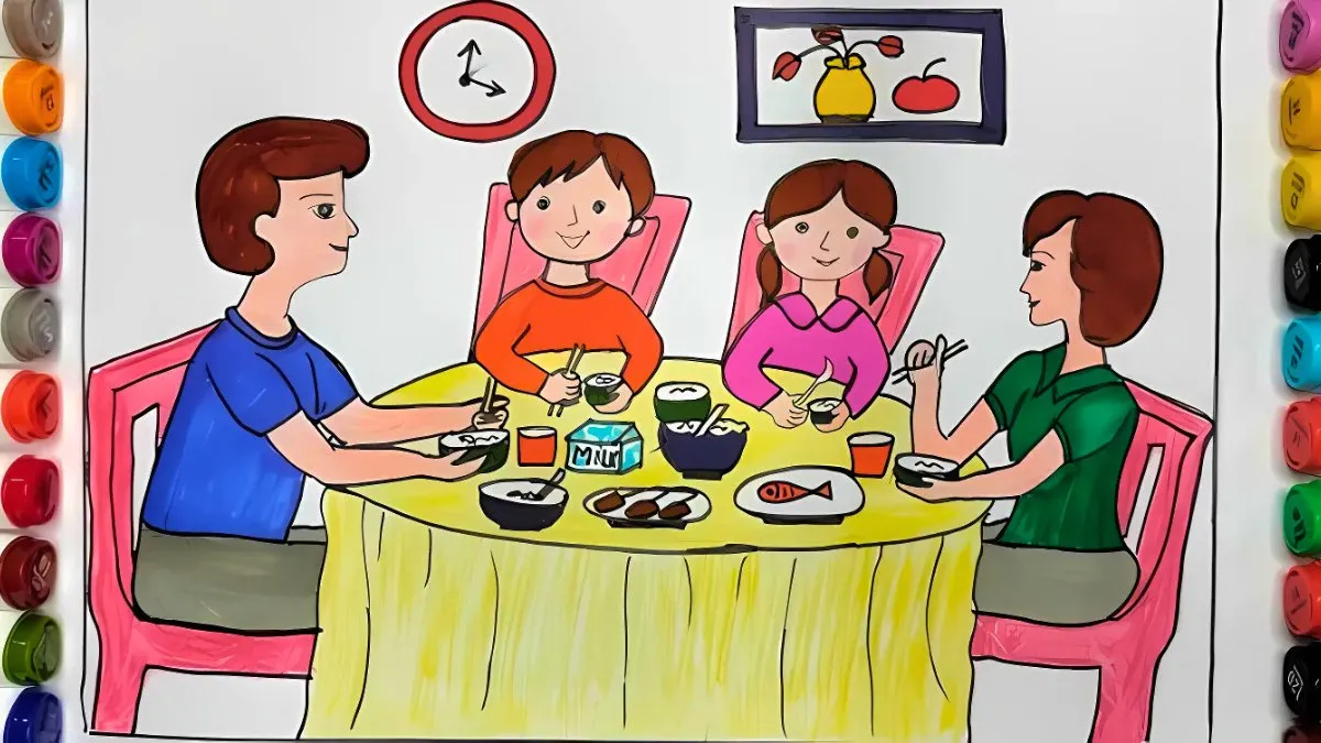 Mẫu vẽ tranh gia đình hạnh phúc bên mâm cơm
