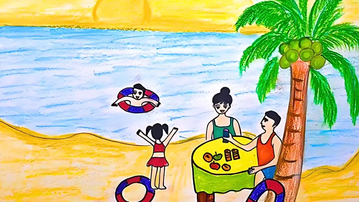 Vẽ tranh gia đình đi tắm biển vui vẻ