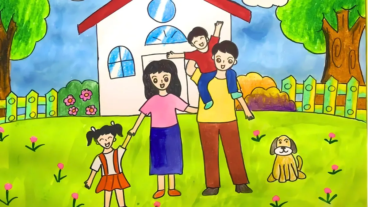 Mẫu ảnh vẽ tranh gia đình khám phá thiên nhiên