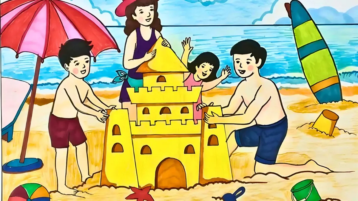 Vẽ tranh gia đình đi picnic ngoài trời