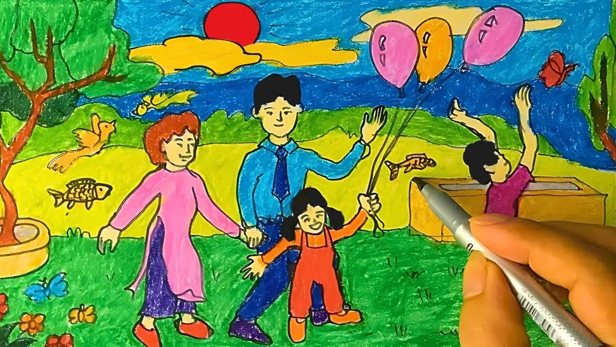 Vẽ tranh gia đình đi dạo công viên