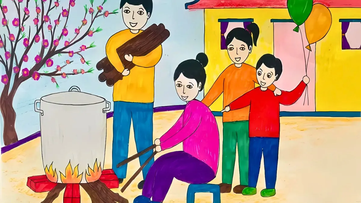 Vẽ tranh gia đình sum họp ngày đầu năm mới