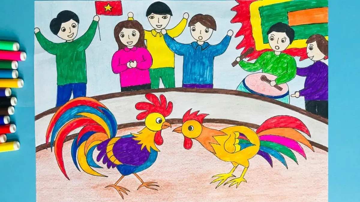Bức tranh vẽ lễ hội chọi gà truyền thống