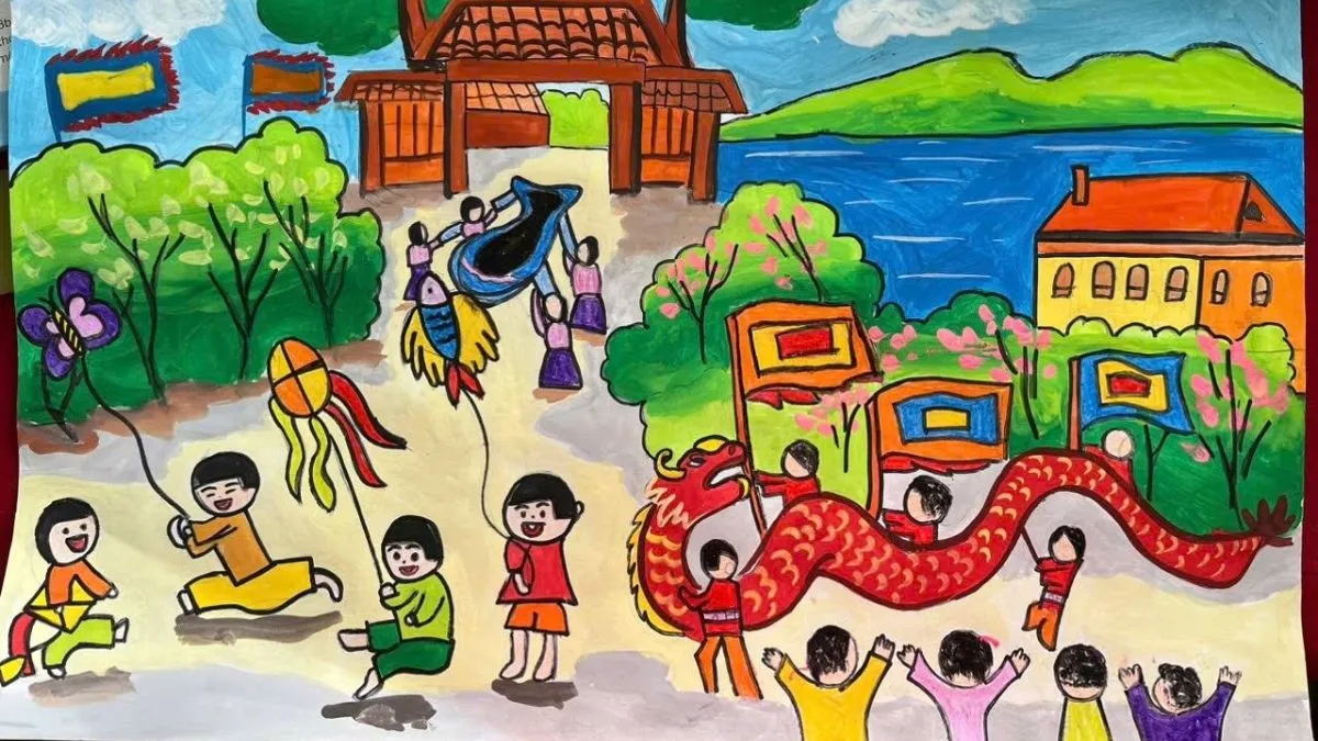Mẫu vẽ tranh hội xuân quê hương với hình ảnh cây Nêu ngày Tết và không khí sum vầy