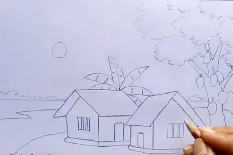 Vẽ tranh cảnh quan thiên nhiên: Phác thảo cảnh làng quê với nhà, tre, sông