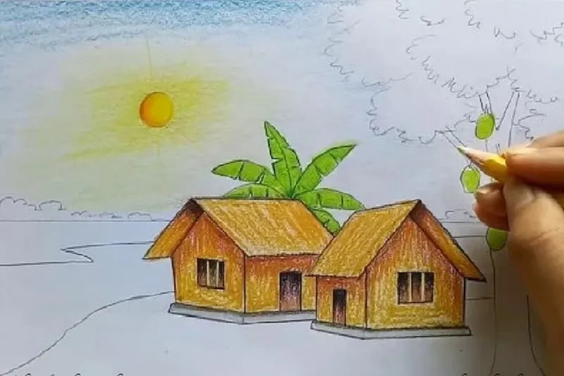Vẽ tranh cảnh quan thiên nhiên: Tô màu cơ bản cho cảnh làng quê