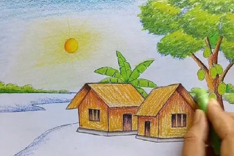 Vẽ tranh cảnh quan thiên nhiên: Hoàn thiện chi tiết và tạo chiều sâu cho cảnh làng quê