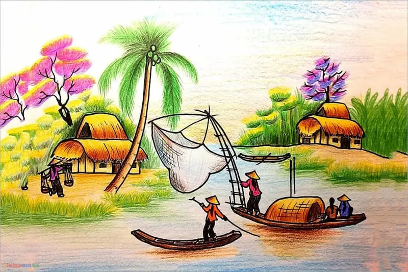 Vẽ tranh cảnh quan thiên nhiên: Hai ngọn núi hùng vĩ