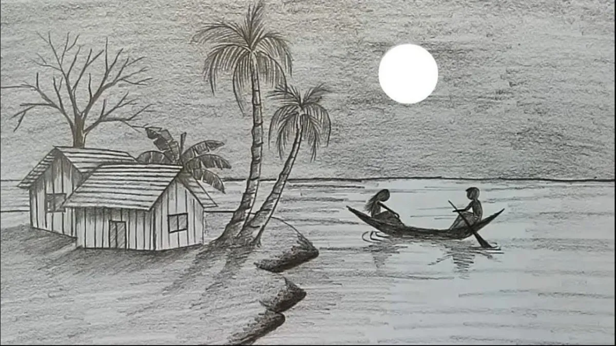 Mẫu vẽ tranh quê hương đơn giản với bút chì