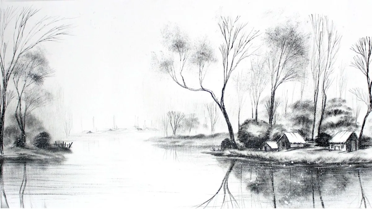 Mẫu hình ảnh vẽ tranh quê hương chỉ dùng hai màu đen trắng